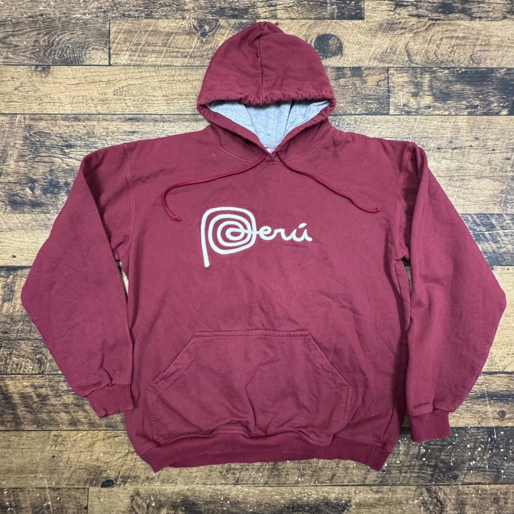Peru Graphic Hoodie Sweatshirt Burgundy Long Sleeve Fleece Lined XL